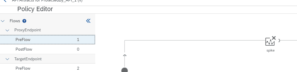 The API Management policy editor with a spike arrest policy in the proxy endpoint preflow