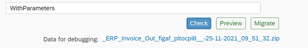 Figaf migration screen with Check, Preview and Migrate buttons and a Data for debugging ZIP download link