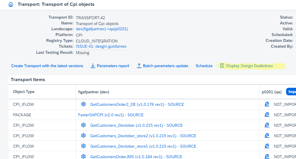 Ticket page with the button that runs SAP design guideline checks for all iFlows in the transport