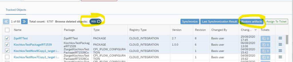 Figaf tracked objects list with Browse deleted objects switched on and the Restore artifacts button highlighted