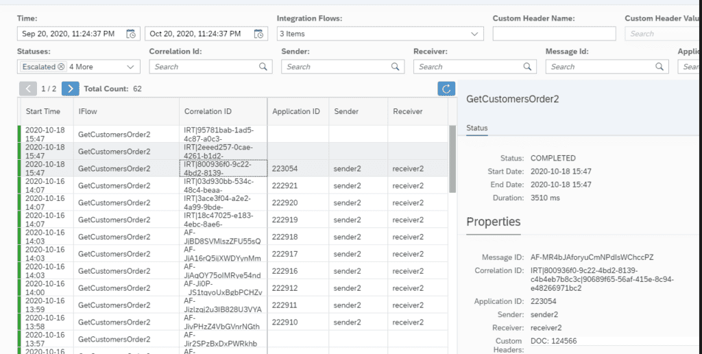 The Figaf message monitor, with filters on the custom header, correlation ID, sender, receiver and message ID