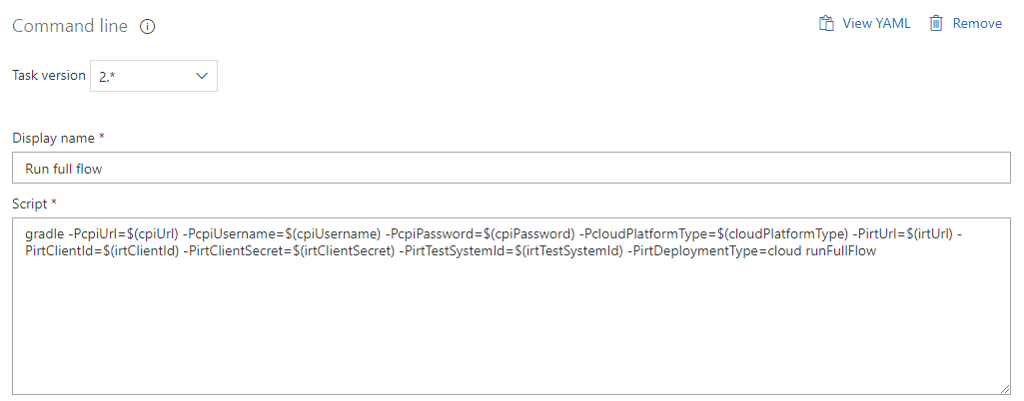 The QA task in Azure DevOps that runs the Gradle task runFullFlow
