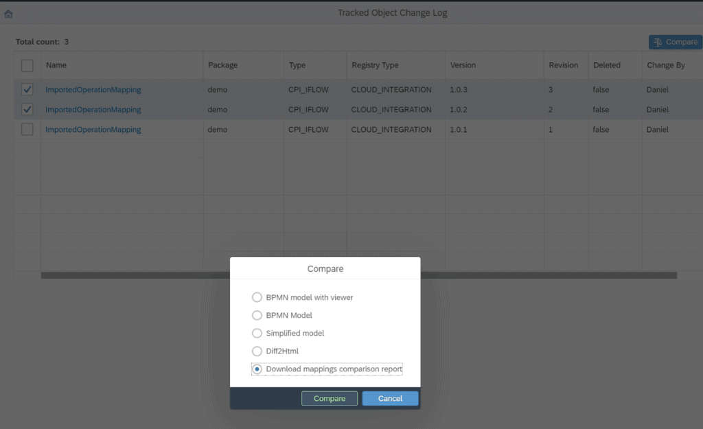 Figaf change log with two iFlow versions selected and the compare dialog set to download the mappings comparison report