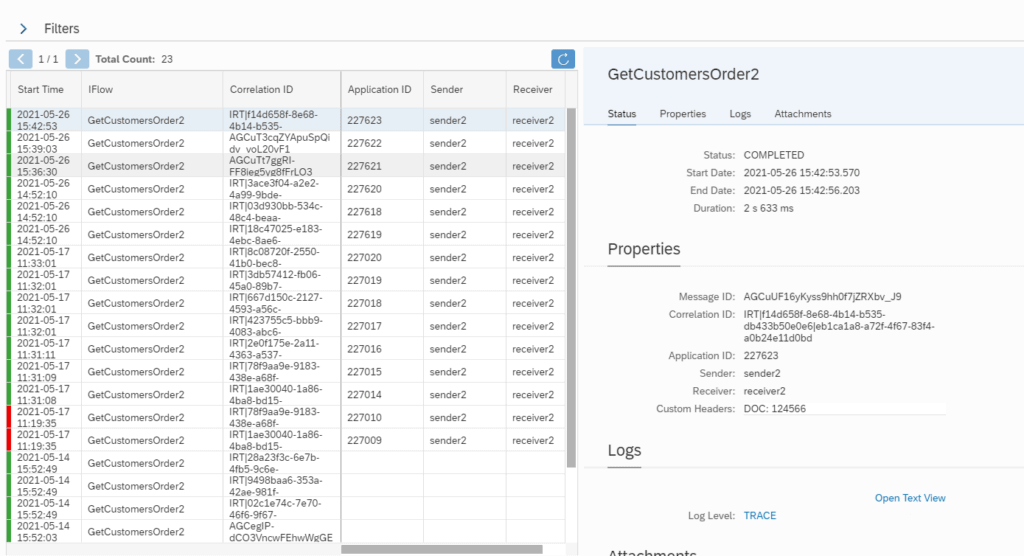 Figaf CPI iFlow monitor with the filters collapsed, a list of messages and status, properties and logs for the selected message