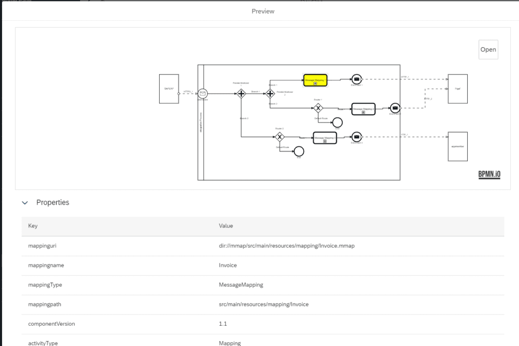 The preview of the migrated iFlow, with its routes and message mappings, and the properties of the selected mapping