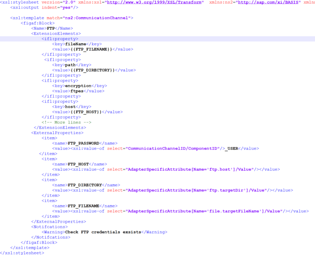 An XSLT channel template that converts an SAP PI FTP channel into a Cloud Integration channel, with external properties and a notification