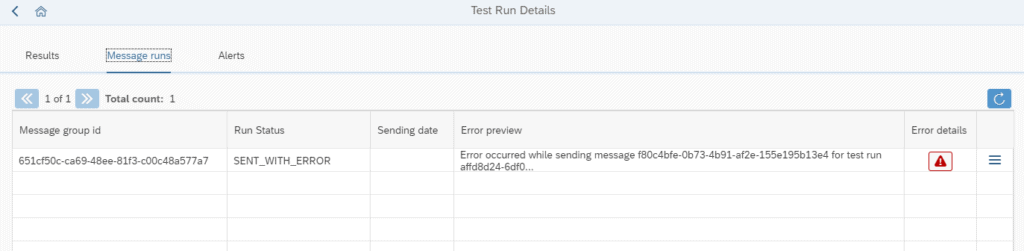 Message runs tab showing a run with status SENT_WITH_ERROR, an error preview and an Error details icon
