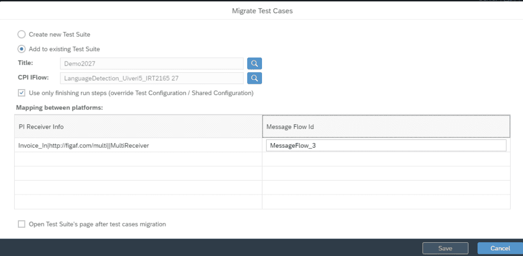 Migrate Test Cases dialog mapping a PI receiver to a message flow ID in the target CPI iFlow test suite