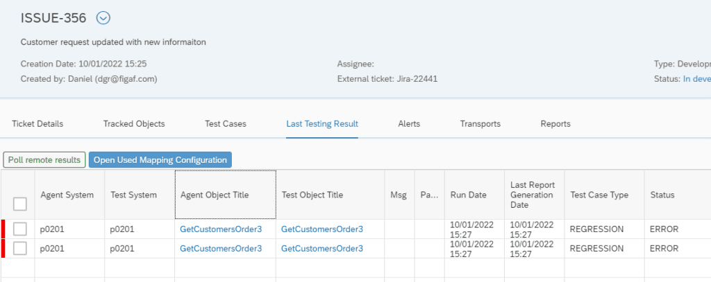 Figaf ticket ISSUE-356 Last Testing Result tab showing two GetCustomersOrder3 regression test runs with status ERROR