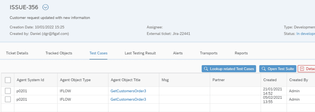 Figaf ticket ISSUE-356 Test Cases tab listing two GetCustomersOrder3 iFlow test cases attached to the ticket
