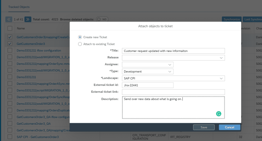 Figaf Attach objects to ticket dialog creating a new SAP CPI development ticket with external ticket id Jira-22441