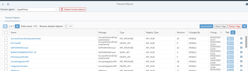 Screenshot of tracked objects from SAP Business Accelerator Hub
