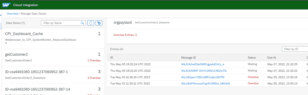 The standard SAP Cloud Integration monitor for data stores, with the entries of one store