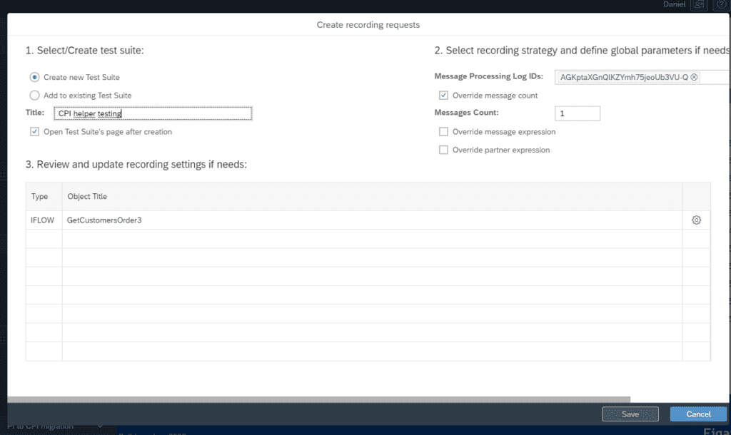 Dialog for creating a Figaf test suite from a message recorded in CPIHelper