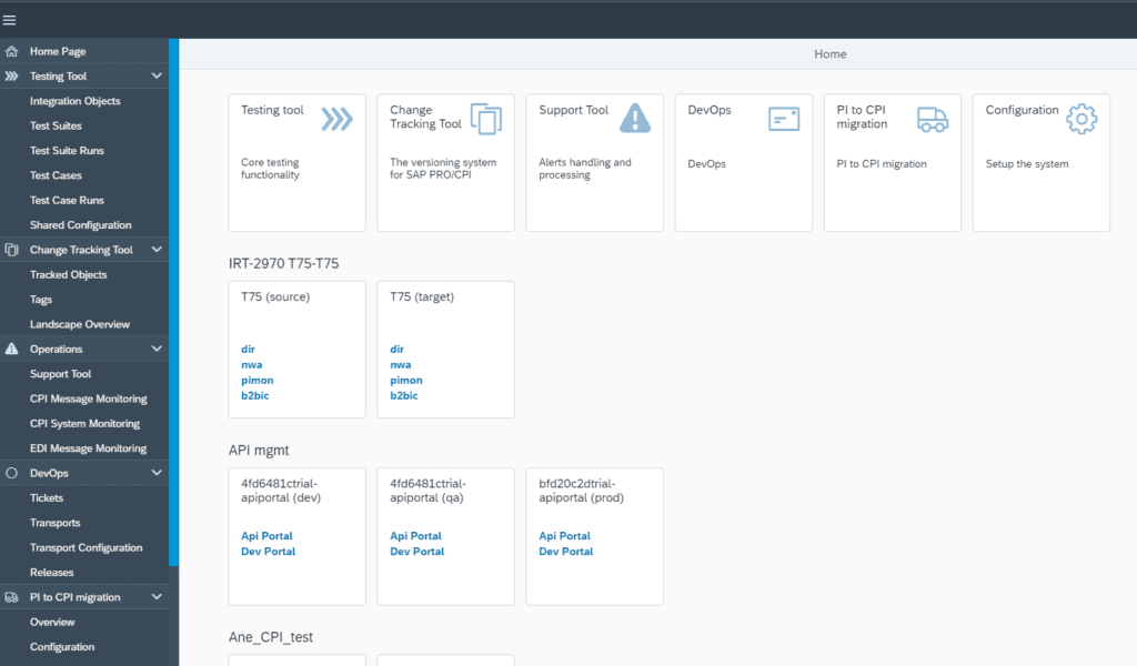 The Figaf home page with the testing, change tracking, support, DevOps and PI to CPI migration tools, and the connected systems