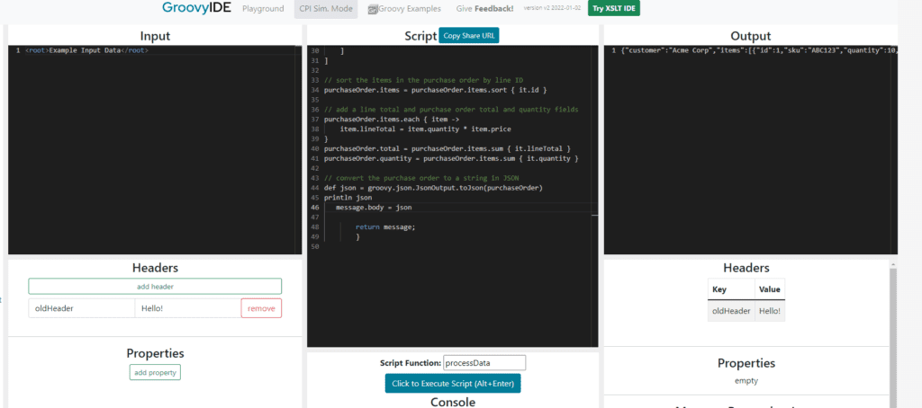 The ChatGPT Groovy script running in GroovyIDE in CPI simulation mode, with the JSON purchase order shown as output