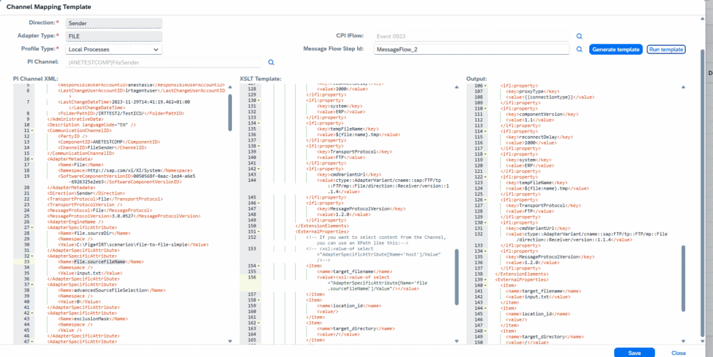 Figaf channel template editor with the PI channel XML, the XSLT template and the generated adapter output side by side
