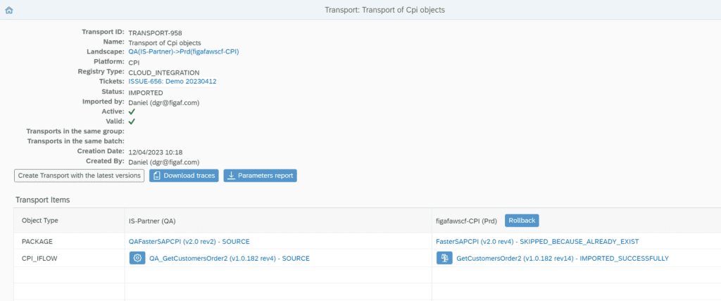 Figaf transport details for CPI objects from QA to production, showing ticket, approval status, imported items and a rollback button