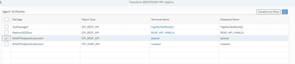 Transform REST/SOAP API objects list with packages, object types and a Transform to IFlow button
