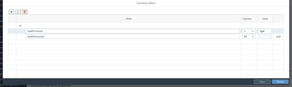 Condition editor dialog with XPath expressions, operators and values combined with AND