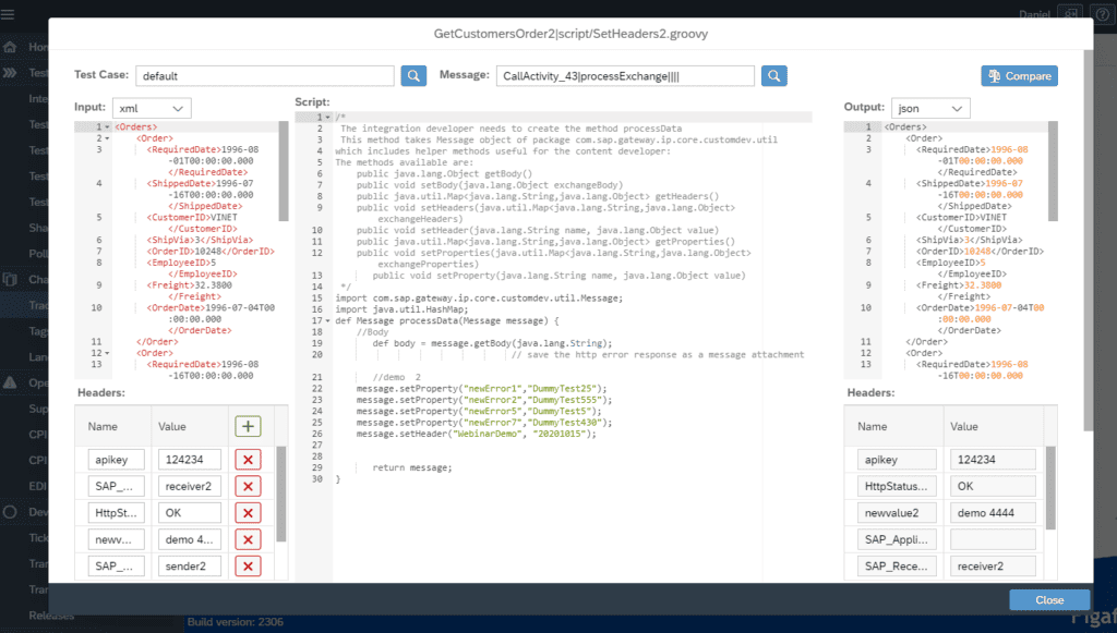 Figaf Groovy editor for a Cloud Integration script with input XML and headers on the left, the script in the middle and output on the right