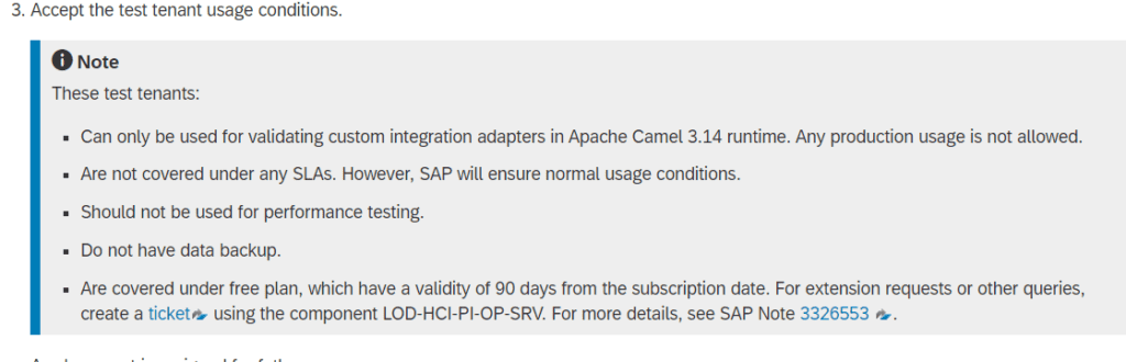 SAP Help note listing the usage conditions for Camel 3.14 test tenants, such as no SLA, no backup and 90 day validity