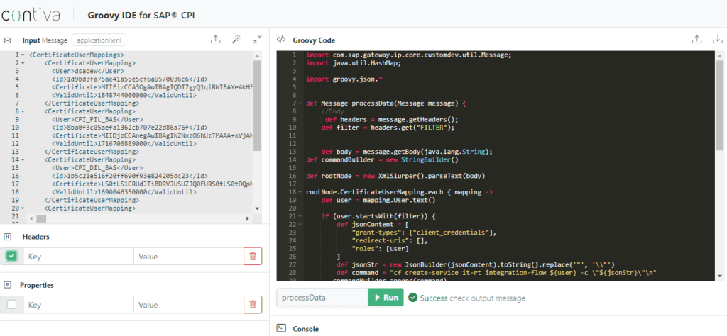 The Contiva Groovy IDE for SAP CPI, with an input message, the script and a successful run