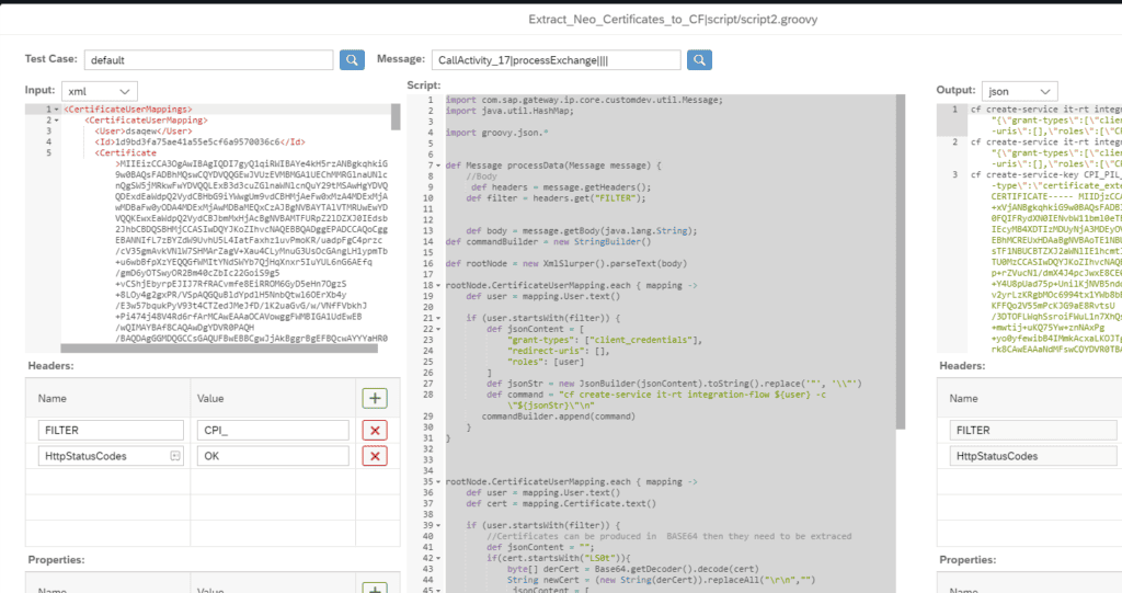 The Figaf Groovy editor running a script with a recorded test case as input, and the output on the right