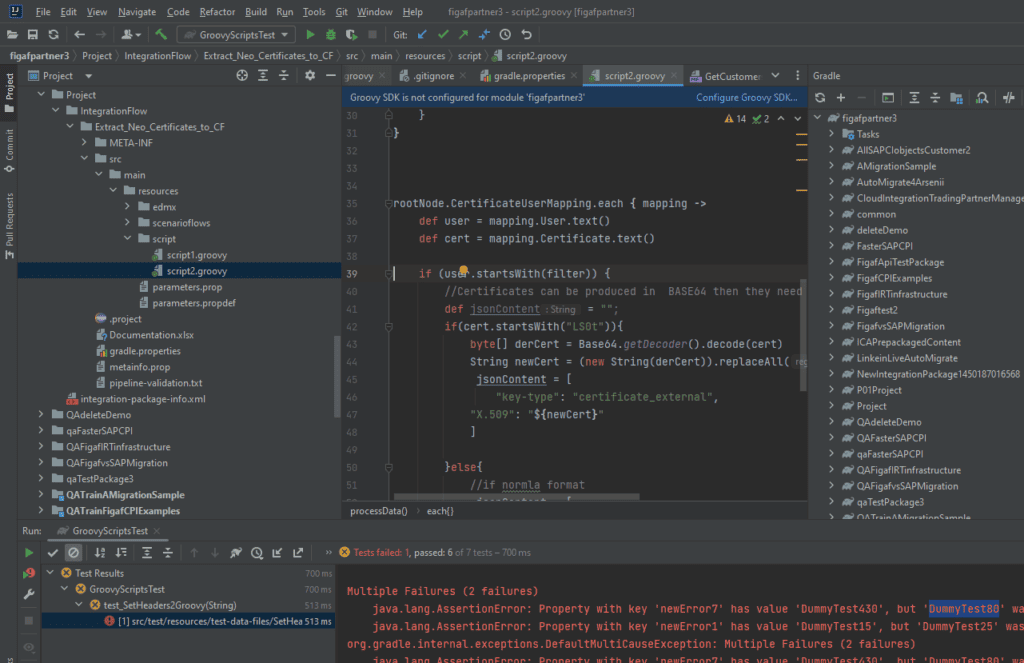 A Groovy script for Cloud Integration in IntelliJ, with Figaf’s Git structure and failed unit tests