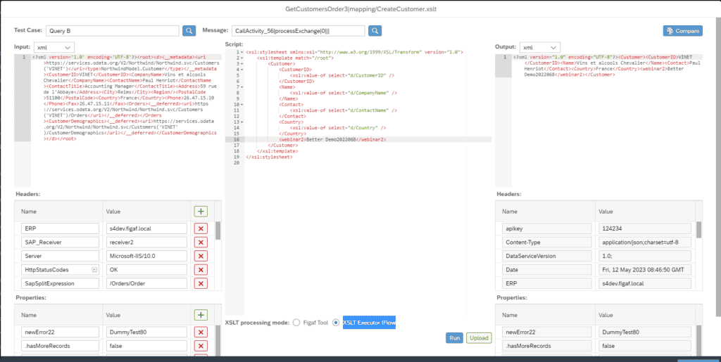Figaf XSLT editor with input, the XSLT mapping and output compared with the expected result