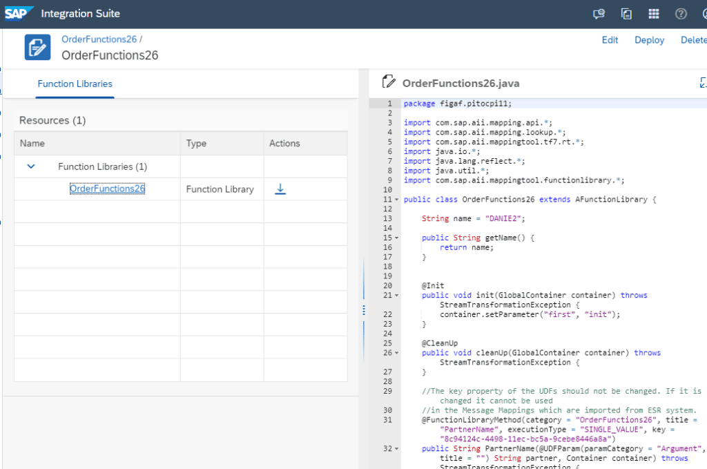 The imported function library OrderFunctions26 in SAP Integration Suite, with its Java source