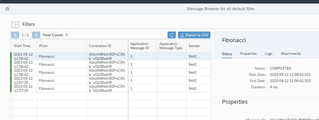 Figaf message browser listing Cloud Integration messages for one iFlow with status, start date and duration details