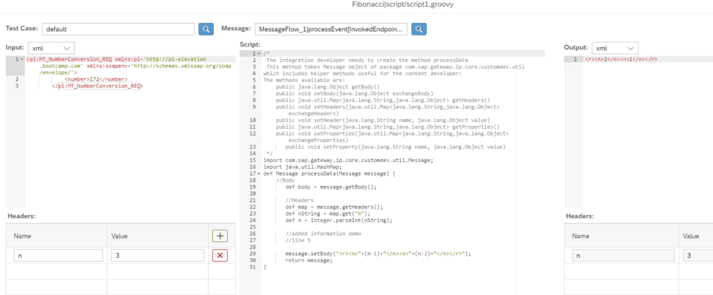 Figaf Groovy editor with test case and message selection, input XML, the script and output panels