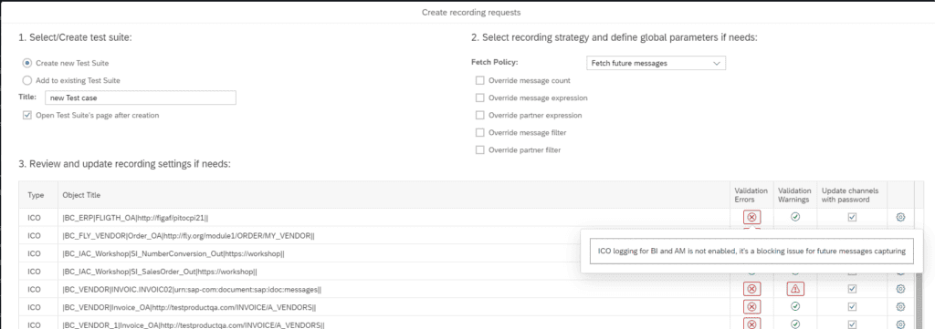 Figaf recording setup for an SAP PI/PO interface, flagging potential problems with the logging settings