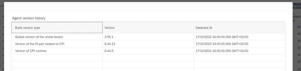 Version history for a Cloud Integration agent, listing the registered versions and when they changed