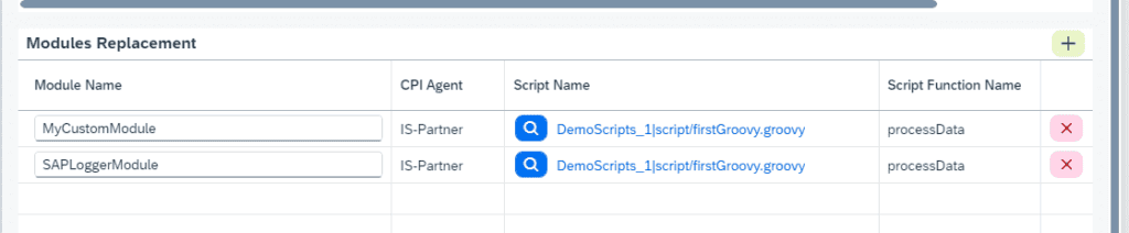 Figaf migration settings that map a named SAP PI adapter module to a Groovy script in a script collection