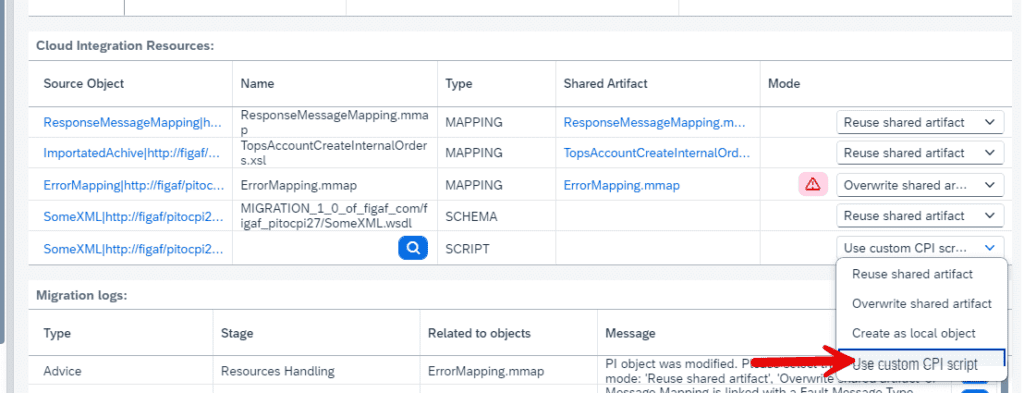 Figaf migration settings that map a SAP PI Java mapping to a script in a script collection