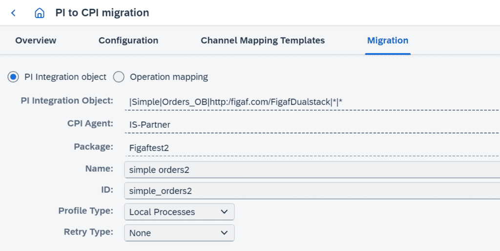 Figaf PI to CPI migration screen for a PI integration object, with the CPI agent, package, name and profile type set