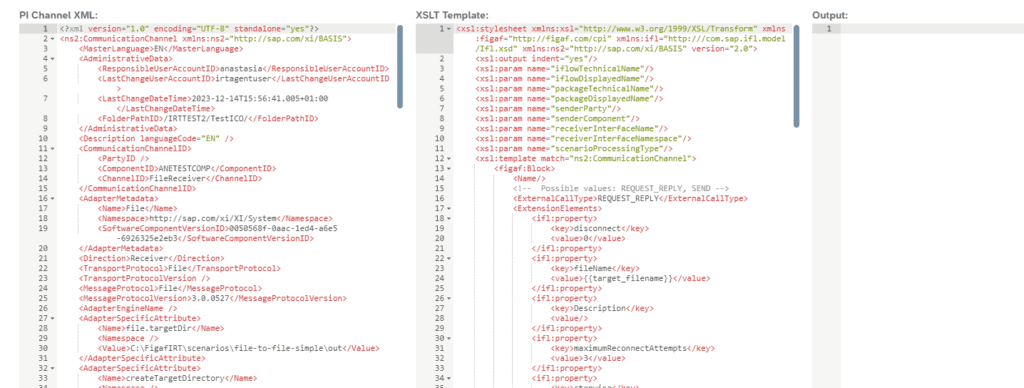 A channel mapping template in Figaf: the SAP PI channel XML on the left and the XSLT template that converts it