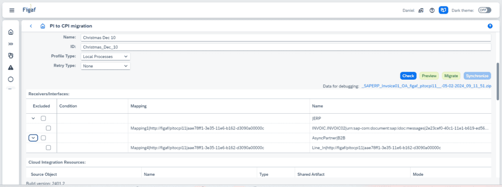 Figaf PI to CPI migration screen with the receivers and interfaces of the ICO listed for migration