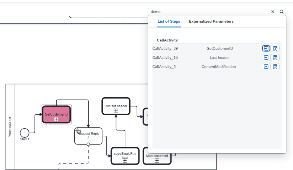 Figaf BPMN model viewer highlighting the iFlow steps where a searched value is used