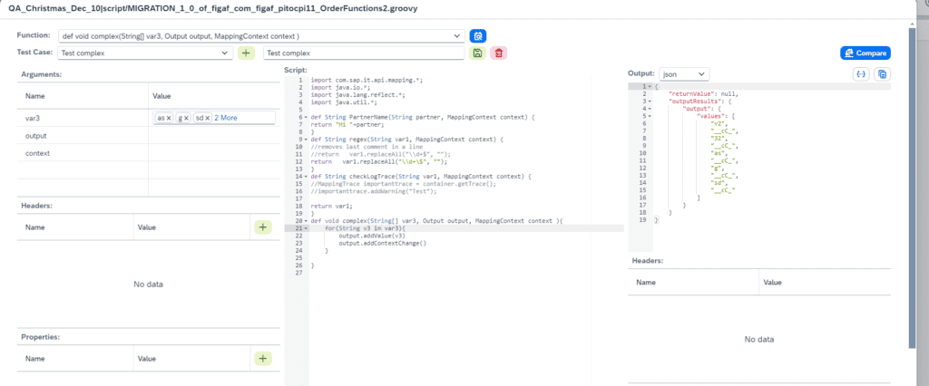 Figaf Groovy UDF editor running a message mapping function with input values and output