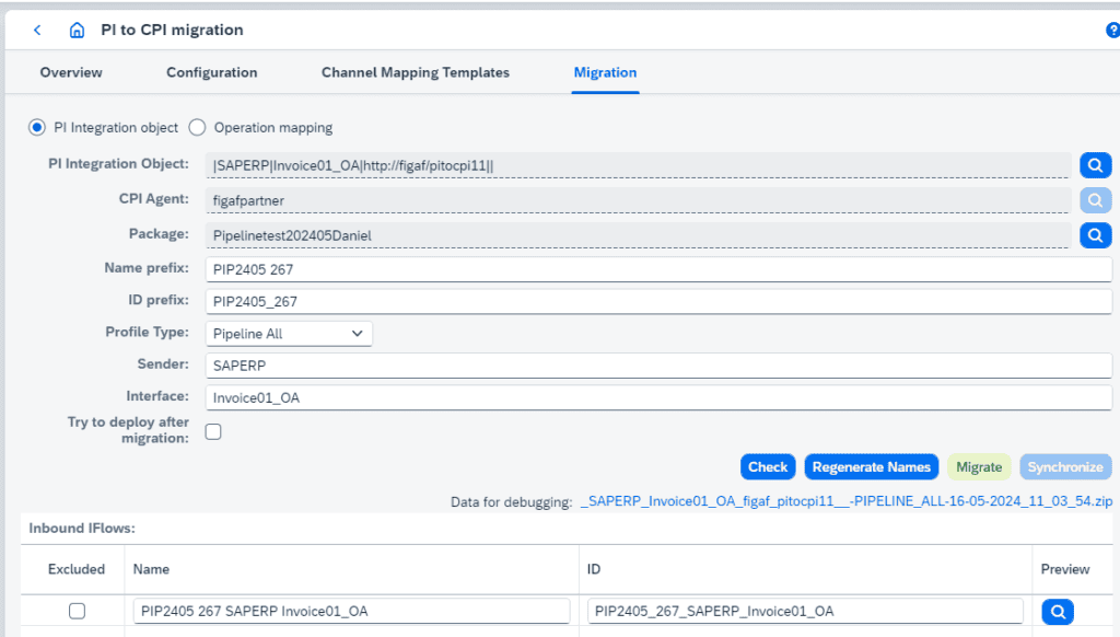 Figaf pipeline migration screen for an ICO with sender system, interface name and the generated iFlow names