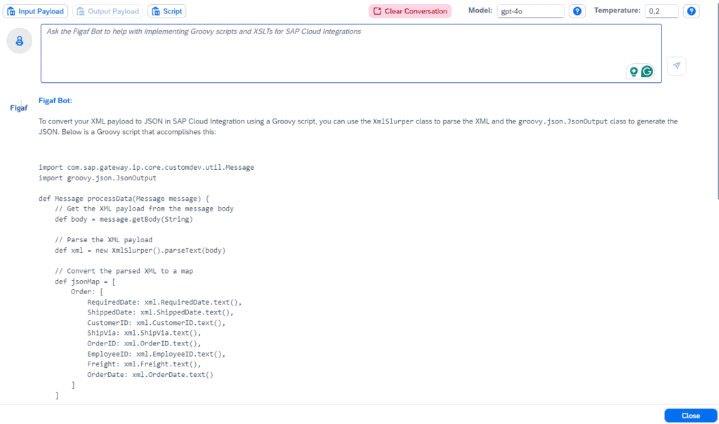 Figaf Bot conversation in the Groovy editor, with the generated script ready to copy