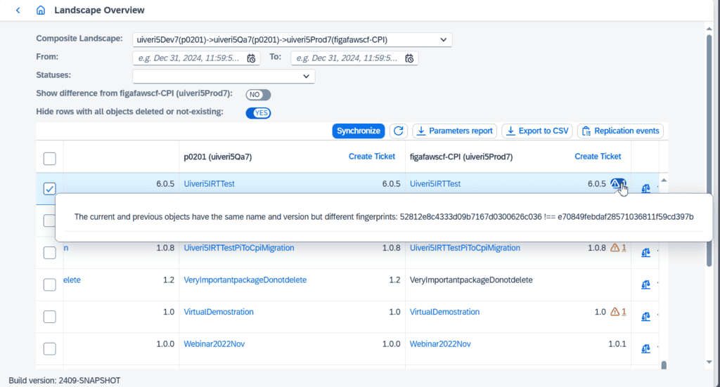 Figaf landscape report with a fingerprint warning where two iFlow versions differ in content