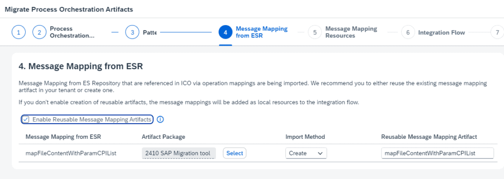 Message Mapping from ESR step with reusable message mapping artifacts enabled and a target package selected