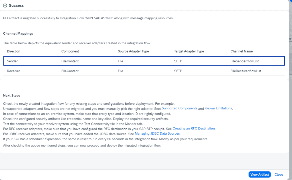 Success dialog after migration showing File channels mapped to SFTP adapters and a list of next steps to check before deployment