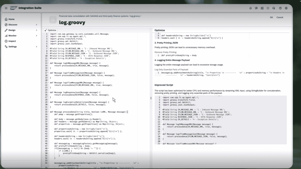 SAP Integration Suite Groovy editor with the Optimize button, showing a script next to AI suggestions and an improved script