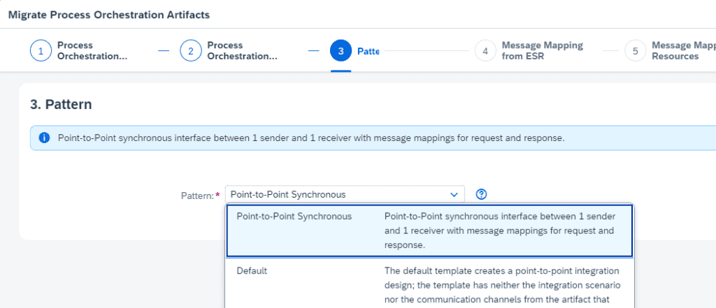 Pattern step in the SAP migration tool offering only two patterns: Point-to-Point Synchronous and Default
