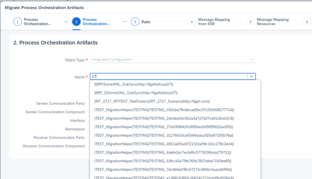 SAP migration tool step 2, Process Orchestration Artifacts, searching integrated configurations by name with a list of matching ICOs
